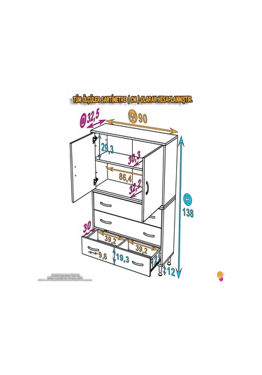 Modilayn İlkim 80 X 138 X 32,5 Cm' Lik Kapak İçi Çift Raflı Ve 3 Çekmeceli Düzen Harikası Dolap Beyaz