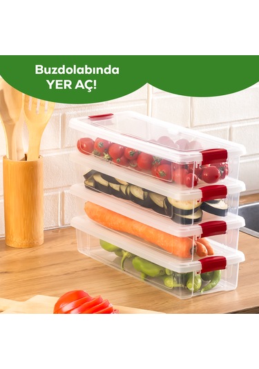 Porsima 455-4 4 Lü 2,3lt Kilitli Kapaklı Yiyecek Erzak Saklama Kabı Seti - Buzdolabı Düzenleyici Organizeri Şeffaf