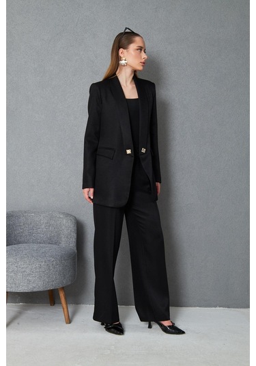 Kare Düğmeli Yünefekt Takım Siyah Siyah