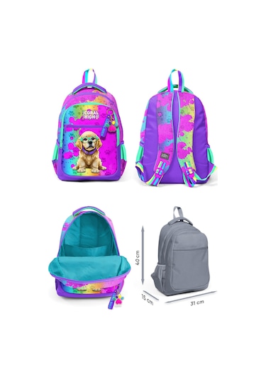 Coral High Mor Pembe Köpek Desenli Kız Çocuk Okul Beslenme Kalemlik Ve Bel Çantası Seti - İlkokul İçin Uygun