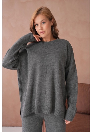 Kadın Bisiklet Yaka Yırtmaçlı Kazak Pantolon İkili Triko Takım Antrasit