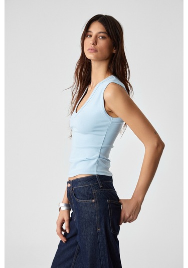 Lescosa Kadın Slim V Yaka Kolsuz Mavi Bluz