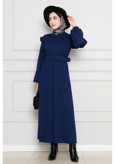 Omuzu Fırfır Kemerli Elbise-lacivert-4560 Lacivert
