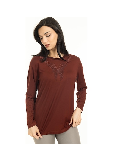 Yeni Sezon Kadın Orta Yaş ve Üzeri Yeni Desen Triko Yaka Likralı Anne Penye Bluz 30520-taba Taba