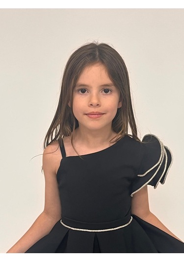 Kız Çocuk Abiye Siyah Kısa Tek Omuz Gül Detaylı Krep Kumaş Abiye Elbise 5-10 Yaş Siyah