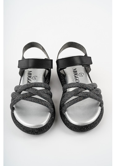 Muggo Jazz Garantili Günlük Ortopedik Hafif Taban Örgü Detaylı Cırtlı Kız Çocuk Sandalet Siyah