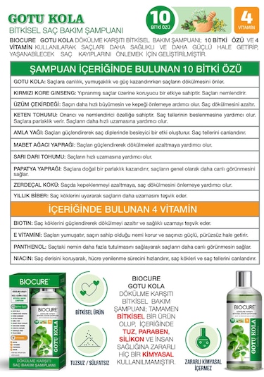 Biocure Gotu Kola Saç Dökülme Karşıtı ve Hızlı Uzama Etkili Bitkisel Bakım Şampuanı 400 ML