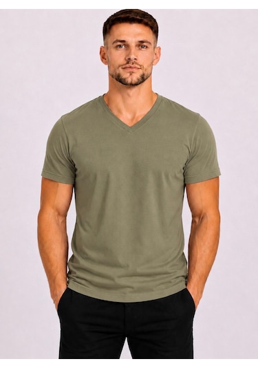 Axxel Erkek Açık Haki Pamuklu V Yaka Kısa Kollu T-shirt-d804
