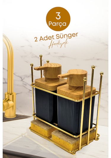Gold Metal Standlı Siyah Ahşap Detaylı Sıvı Sabunluk