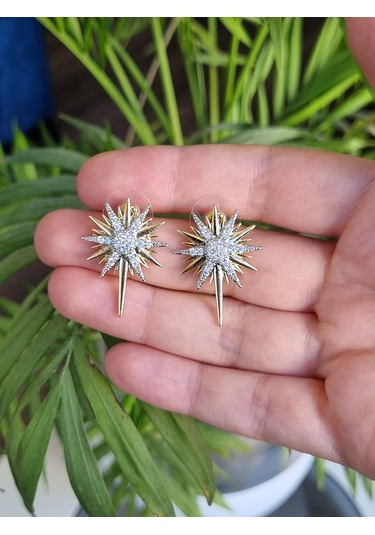 Zirkon Taşlı Çift Renk Kutup Yıldızı Küpe Işıltılı Şıklık Altın