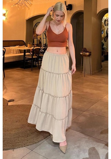 Madmext Bej Basic Pileli Kadın Uzun Etek-bej Bej