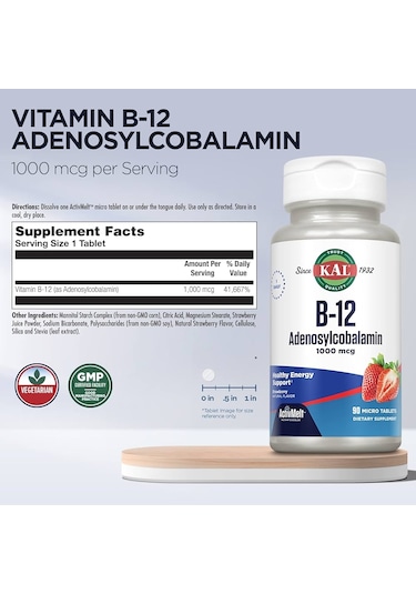 B-12 Adenosylcobalamin, Strawberry, 1,000 Mcg, 90 Micro Pastil Adenosylcobalamin B12 Vitamini Premı.um