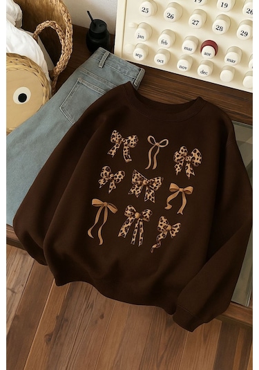 Benroma 3 İplik Penye Çilek Baskılı Unisex Sweatshırt Kahverengi