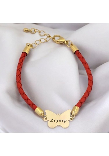 Zeynep İsmine Özel 14 Ayar Altın Plakalı Turuncu Derili Kelebek Motifli Hediye Bileklik-502isim Zeynep