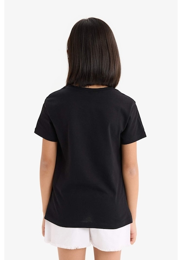 Defacto Kız Çocuk Bisiklet Yaka Baskılı Kısa Kollu Tişört E0350a825smbk81 Siyah