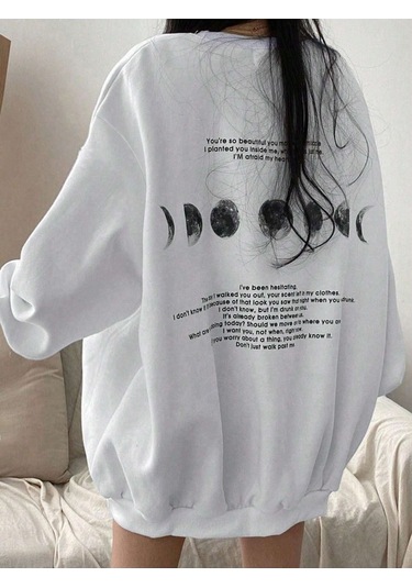 Moon Phases Afraid Kışlık Kalın Sweatshirt - Beyaz Baskılı Oversize Kalın Kışlık Bisiklet Yaka Beyaz