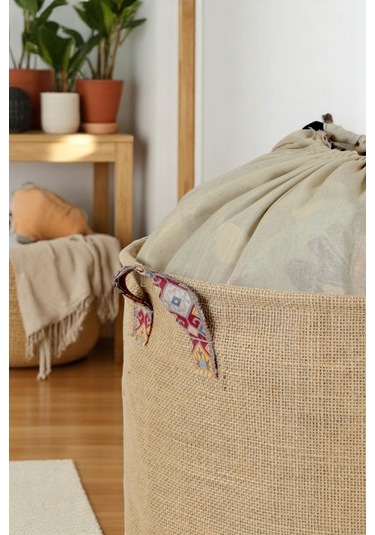 İronika Jüt Garni Detaylı Büzgülü Sepet Oyuncak Çamaşır Havlu Sepeti Yuvarlak Temiz Kirli Çamaşır Sepeti Kahverengi