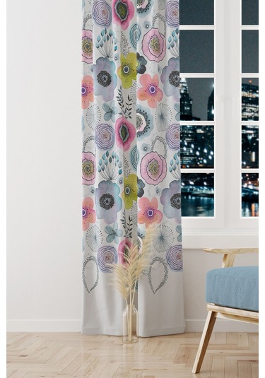Su Çiçeği Desenli Süet Oturma Odası Salon Fon Perde Baskılı Ekstrafor Büzgü Tek Kanat Prd-1104 Çok Renkli