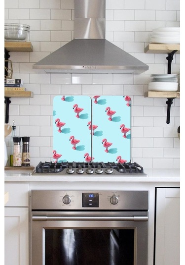 2' li 30x52 cm Flamingolar Desenli Cam Ocak Arkası Koruyucusu