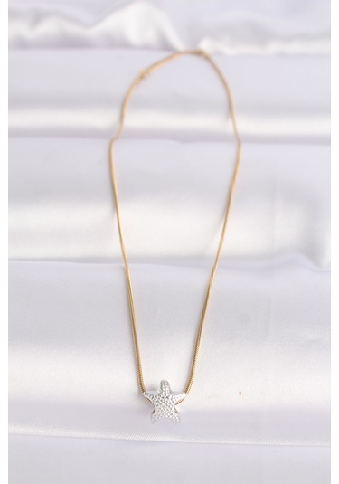 316l Çelik Zincir Altın Renk Zincirli Gümüş Renk Deniz Yıldızı Tasarımlı Kolye - Tj-bko8607