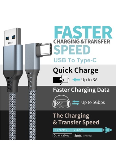 Vkemall Gümüş Gri Örgülü Usb-c Vr Bağlantı Kablosu - 6m Uzunluk, 5gbps Veri Transfer Hızı
