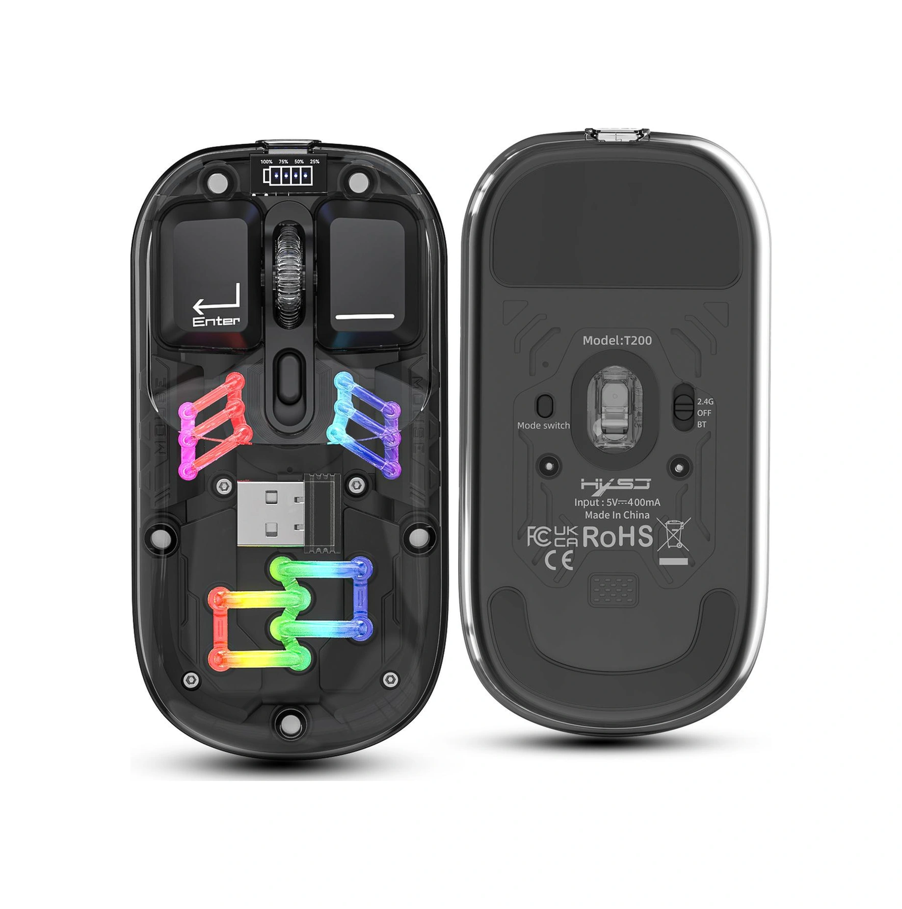 Sones Hxsj T200 Çift Modlu 2.4g Bt5.0 Şeffaf Rgb Kablosuz Fare Diğer