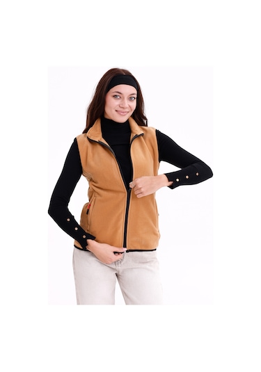 Monox Kadın Slim Fit Tam Fermuarlı Polar Yelek Kahve