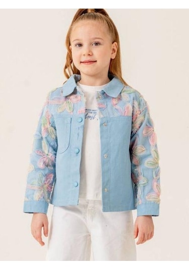 Kız Çocuk Tüllü Çiçek İşlemeli Kot Ceket T-shirt İkili Takım-15512 Mavi