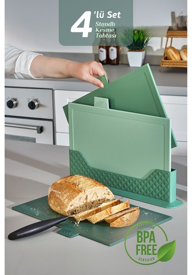 4'lü Tezgah Üstü Yatay Standlı Kesme Tahtası - Çoklu Doğrama Tahtası Ekmek Sebze Et Kesim Panosu Yeşil