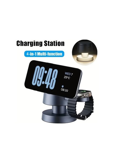Motion003 Koyu Gri Gece Lambali 4u 1 Arada Manyetik Kablosuz Sarj Cihazi İphone Uyumlu 16 15 14 13 12 Promax Plus Se İwatch 10 9 8 7 Ultra Airpods 3 2