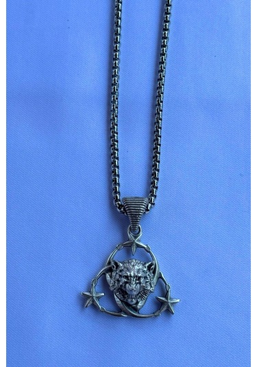 Kurt Ay Yıldız El İşçiliği Paslanmaz Çelik Zincir Erkek Kolye Gümüş