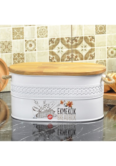 Ferforje Ahşap Kapaklı Kesme Tahtalı Ekmeklik Beyaz