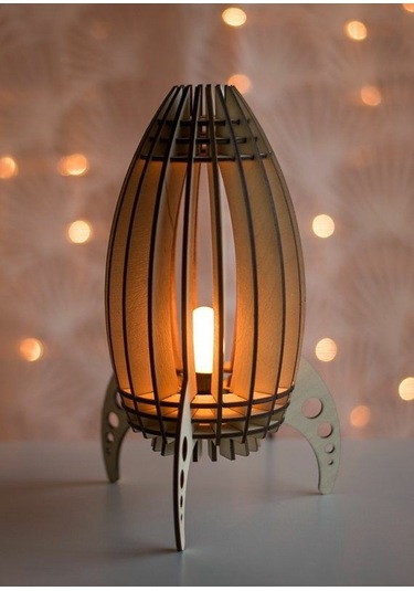 Çocuk Genç Odası için Doğal Ahşap Mdf Lazer Kesim Roket Abajur  - Kahverengi