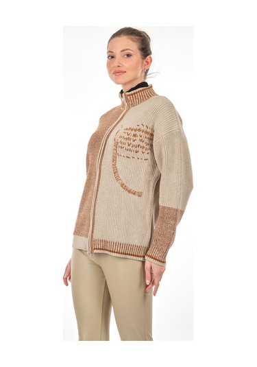 Unique Mode Dik Yaka Yazılı Uzun Kollu Karamel Kadın Hırka UW2310 Karamel