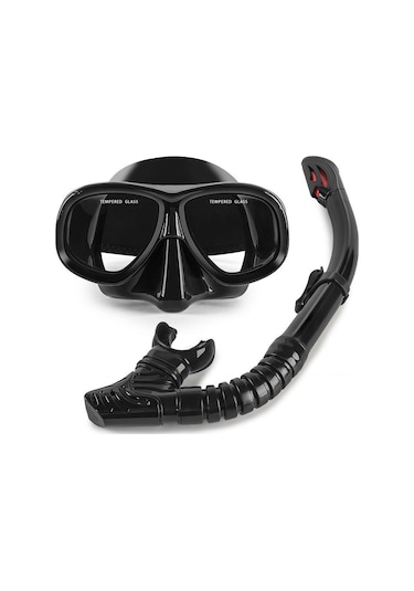 Profesyonel Şnorkel İki Parçalı Silikon Tam Kuru Şnorkel Büyük Çerçeve Sis Geçirmez Dalış Gözlüğü Seti Siyah