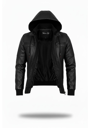 Erkek Siyah Dar Kesim Kapüşonlu Bel Lastikli Ribanalı Deri Ceket & Mont Siyah Erkek Siyah Dar Kesim Kapüşonlu Bel Lastikli Ribanalı Deri Ceket & Mont Siyah