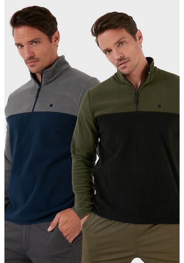 Buratti Regular Fit Anti-Pilling Tüylenme Yapmayan Dik Yaka Şardonlu 2'Li Paket Erkek Polar 5906016S2 Gri-Haki