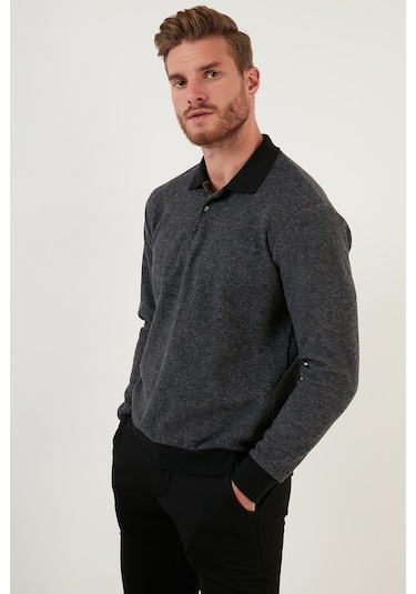 Buratti Pamuklu Regular Fit Düğmeli Polo Yaka Erkek Kazak 456211 Gri