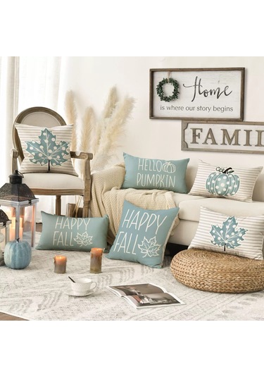 Skycity Sonbahar Kabak Akçaağaç Yapraklı Desenli聚酯 Pillowcase 2 Adet - Teşekkür Günü Dekorasyonu Koltuk Araba Yastığı Mavi