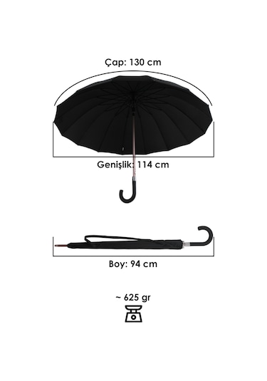 Marlux 16 Telli Fiberglass Kırılmaz Rüzgar Korumalı Lüx Premium Şemsiye Mar10141 - Siyah