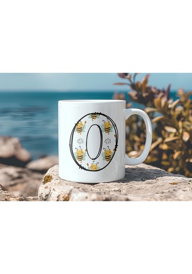 O Harfi Arı Desenli Kupa - Sevimli Hayvan Temalı Kişiye Özel Kahve Kupası - Şans Kupası Beyaz