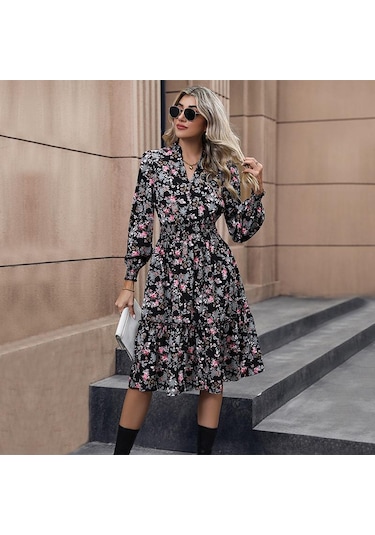Bahar Kadın Elbise Mizaç Zarif Baskılı Uzun Kollu Çiçekli Elbise Siyah