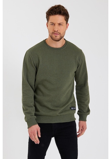 MMetalic Bisiklet Yaka Etiket Detayı İçi Pamuklu Erkek Sweatshirt Haki