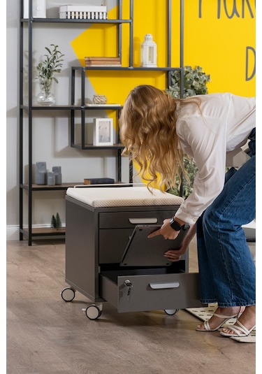 Creo Mobili Çekmeceli Kilitli Tekerlekli Vega Keson, Oturulabilir Ofis Ve Ev Komodini, Beyaz/sarı