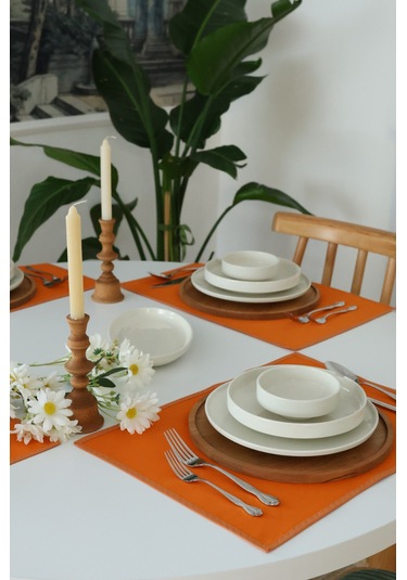 Yakacihome 4'lü Pera Turuncu Biye Detaylı Duck Keten Yıkanabilir, Leke Tutmaz Supla Amerikan Servis Seti Turuncu