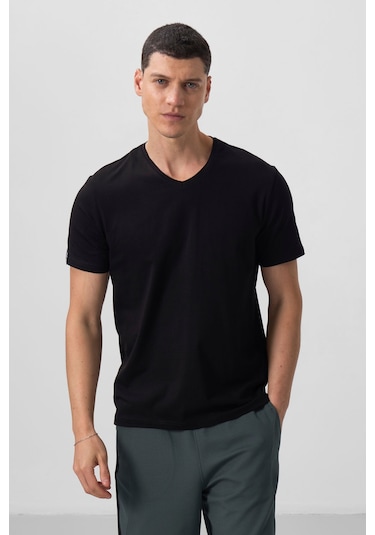 Tommy Lıfe Siyah Erkek Basic Kısa Kol Standart Kalıp V Yaka T-shirt - 87912 T10er-87912 001