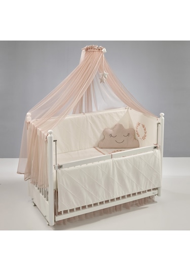 Meltem Kids Mondo Sallanır Ahşap Anne Yanı Beşik 60x120 cm (beyaz-motto pudra) Pudra