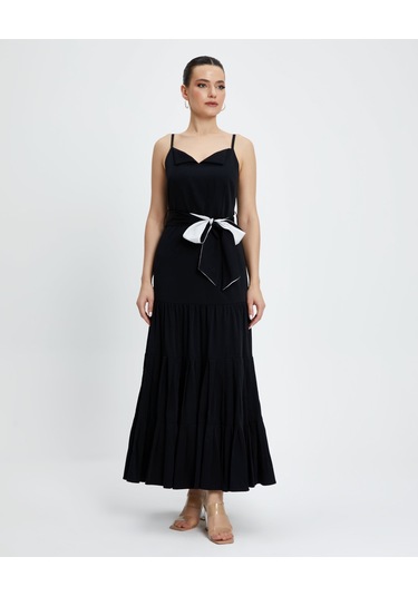 Kadın Askılı Uzun Elbise - Kemer Detaylı - Modern Ve Şık - Günlük Ve Özel Günler İçin Elbise Siyah