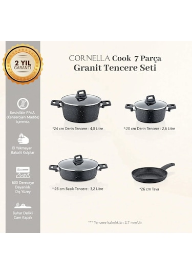 Cornella Cook 7 Parça Granit Tencere Seti Siyah