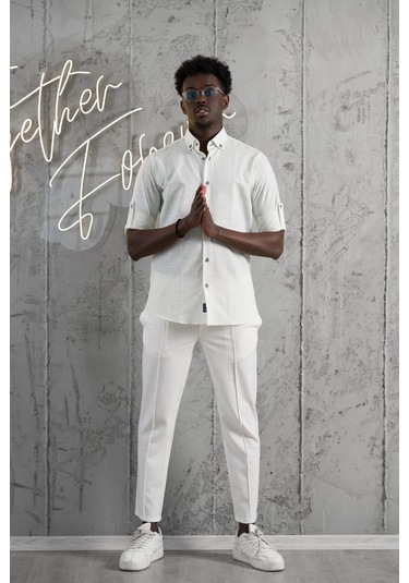 Advante İnce Çizgili Yaka Düğmeli Katlamalı Kol Pamuklu Slimfit Yazlık Keten Gömlek Yeşil